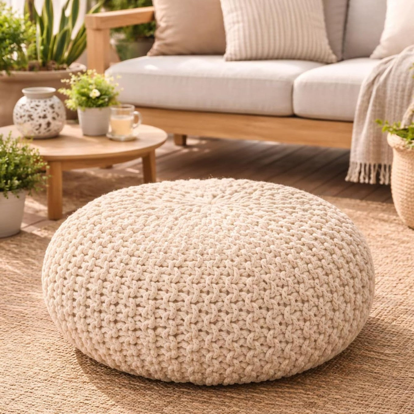 Boho Jute Pouffe Ottoman Floor Stool